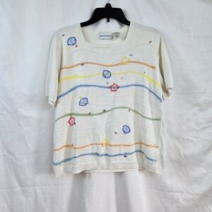 Alfred Dunner Women Vintage Ivory Colorful Embroidery Short Sleeve Sweater Large